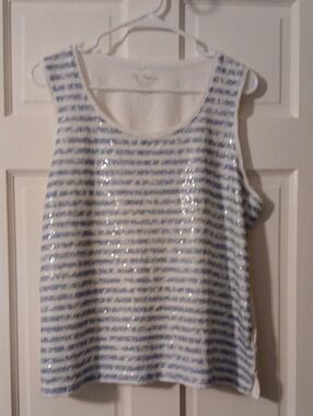 Chico's Sequin Stripe Tank Top in White & Light Blue